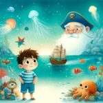 A Boy With Sea Creatures And A Sailor Figure Among Ships And Jellyfish