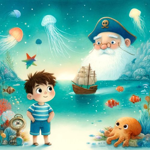 A boy with sea creatures and a sailor figure among ships and jellyfish