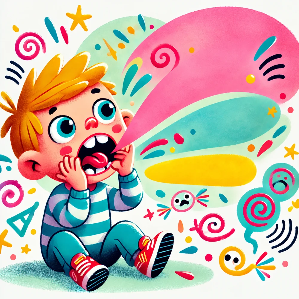 Trabalenguas para niños con un niño jugando con sonidos y figuras de colores